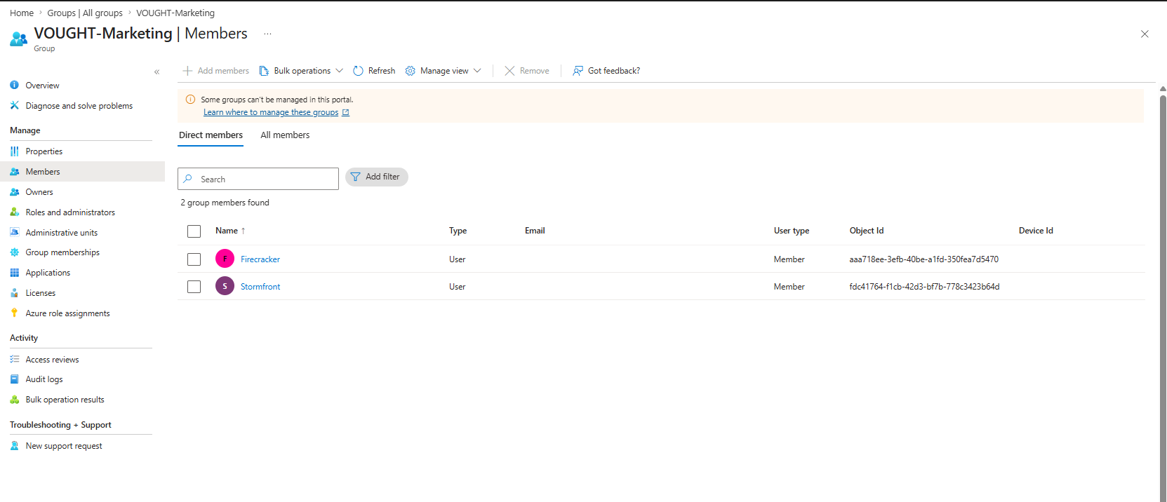 Azure Entra ID Groups section showing marketing group synced from local AD with its members listed